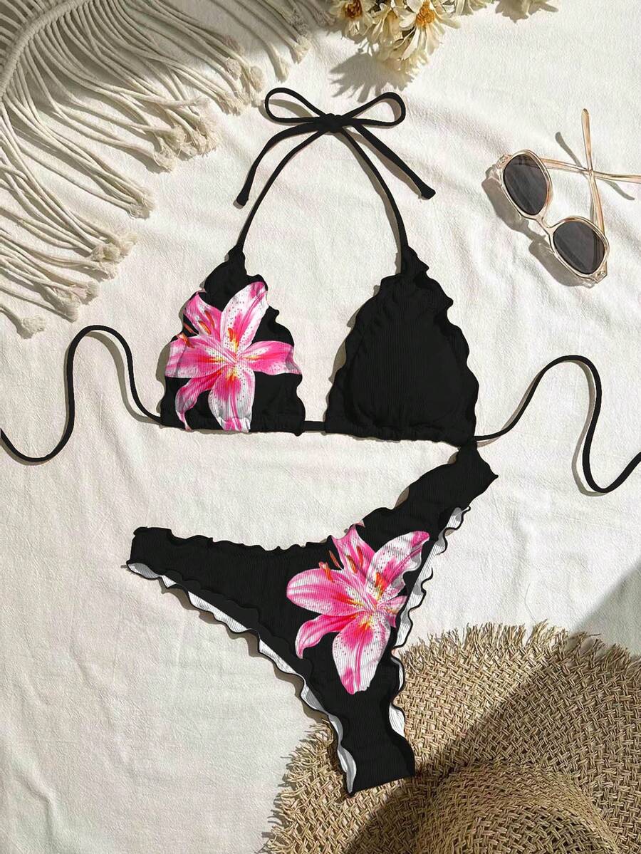 Swim Mod Women's Solid Color High Elasticity Frill Trim Bikini Set, Vacation - Black and White - View 1