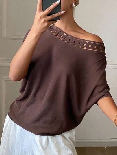 Livesso Women's Solid Color Asymmetric Shoulder Fashionable Loose Short Sleeve Knit Top, Summer