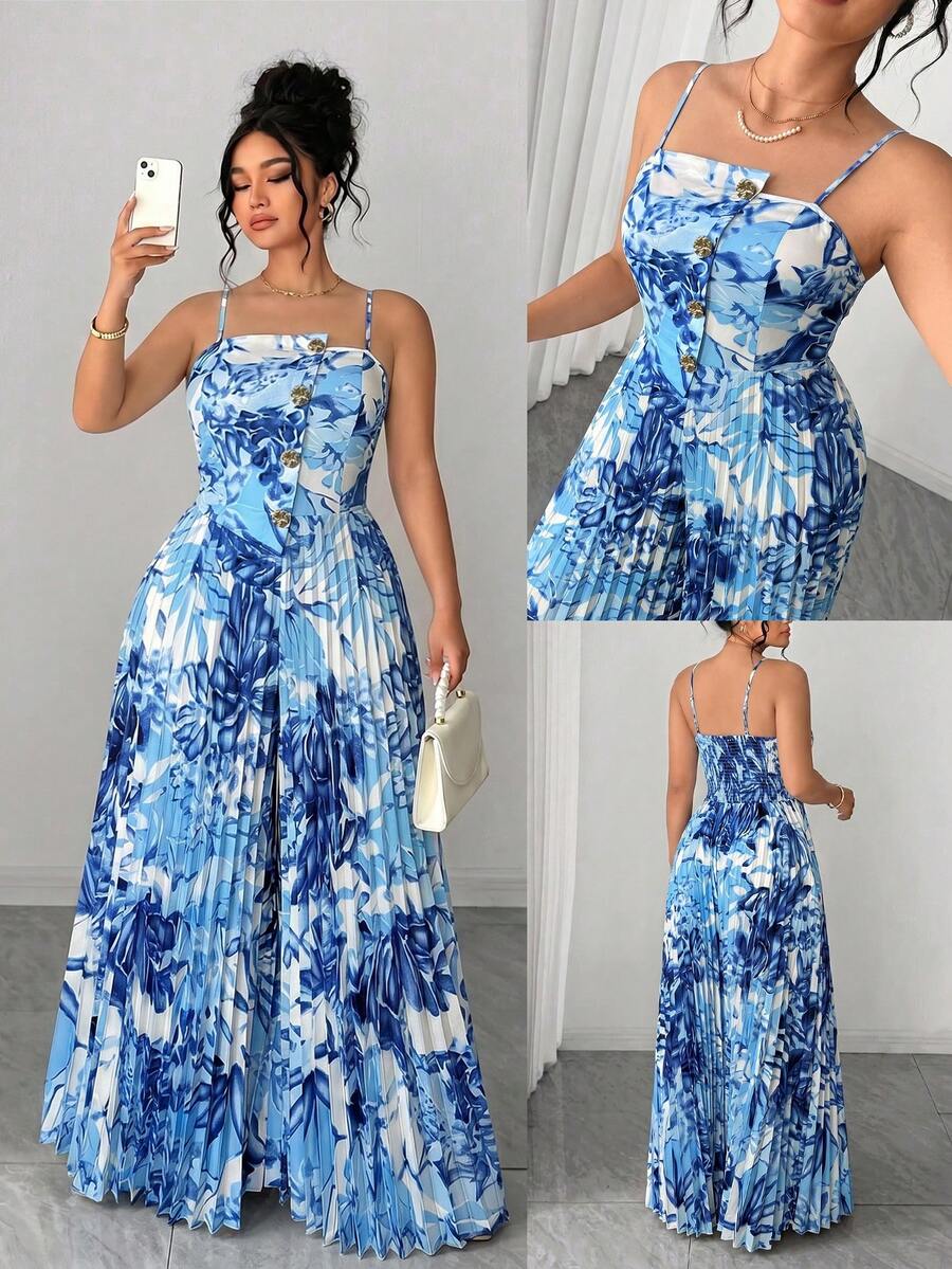 Elenzga Mono elegante de pierna ancha y plisado con cuello asimétrico para mujer de talla grande, pantalones con cintura ceñida y pierna acampanada, adecuado para graduaciones, vacaciones, San Valentín, festivales de música, Día de la Madre, Halloween, Acción de Gracias, Pascua, Día Nacional, galas, citas, fiestas, bodas, actividades al aire libre, primavera/verano - Azul y blanco - Ver 1