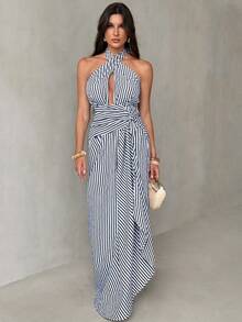 SHEIN Tall Lễ hội âm nhạc Xuân/Hè 2026, Lễ Phục Sinh, Ngày Thánh Patrick, Ngày Valentine, Hẹn hò, Phong cách miền Tây, Phong cách du mục, Tiệc sinh nhật, Lễ tốt nghiệp, Đại học, Sinh viên, Trang phục thường ngày, Cơ bản, Đa năng, Giải trí, Kỳ nghỉ, Du lịch tàu biển, Bãi biển, Tắm nắng, Phong cách thịnh hành, Thời trang đường phố, Khách dự đám cưới phong cách Boho, Đi làm, Ăn sáng muộn, Sân bay, Tiệc tùng, Đi chơi ngày lễ, Trang phục công sở, Cổ yếm, Thắt eo, Hở lưng, Váy maxi kẻ sọc - Màu xanh lam - Xem 1