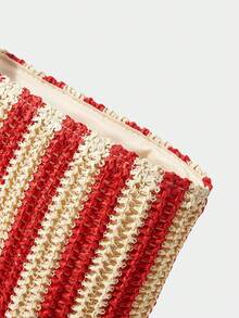 Large Capacity Bohemian Woven Straw Tote Bag With Fringe And Striped And Plain PU Handles For Beach Vacation Summer - Merah - View 7