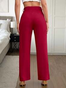 Easowa Solid Color Button-Up Casual Straight Leg Pants In Fall/Winter - Red - View 2