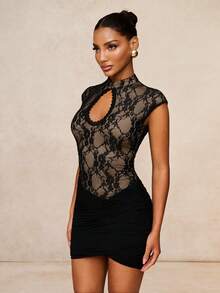 Autumn Black And Beige Floral Lace Mini Dress Women Chic Sexy Club Date Night Date Night Night Elegant Keyhole Neckline Mesh Sleeveless Cinched Waist - Black - View 3