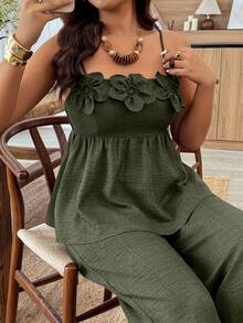 Weeklong Plus Size Women's Casual Camisole & Cinched Waist Floral Decor Two-Piece Outfit, Spring/Summer - Army Green - View 6