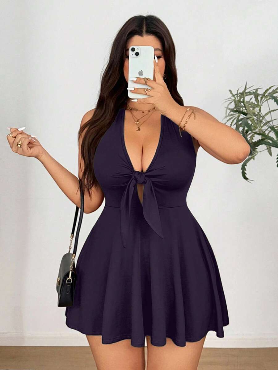Sunnyshic Stretchy Knit Tie-Front Bow Dress Fall - Purple - View 1
