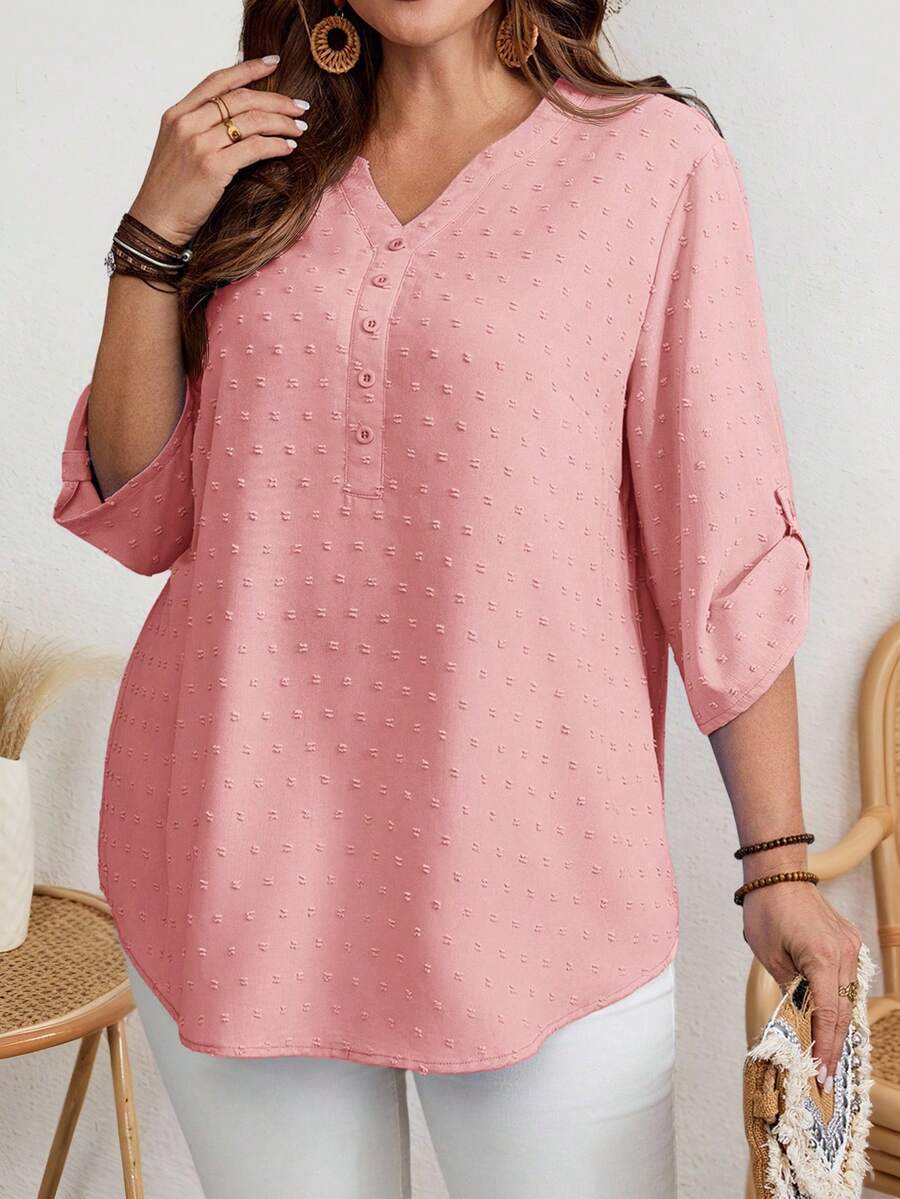 EMERY ROSE Camisa casual con botones y media cartera para mujer de talla grande - Rosa - Ver 1