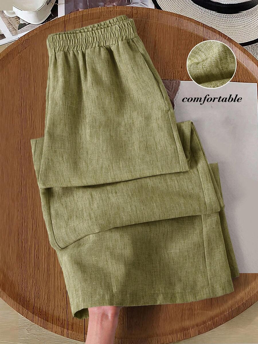 Rusticease Vintage Casual Solid Color Elastic Waist Women Pants - Green - View 1