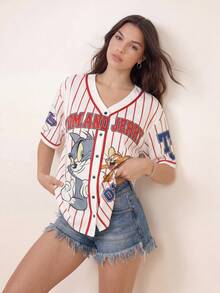 TOM & JERRY X SHEIN 女士条纹字母卡通印花休闲百搭日常上衣 - 紅白色 - 查看 4