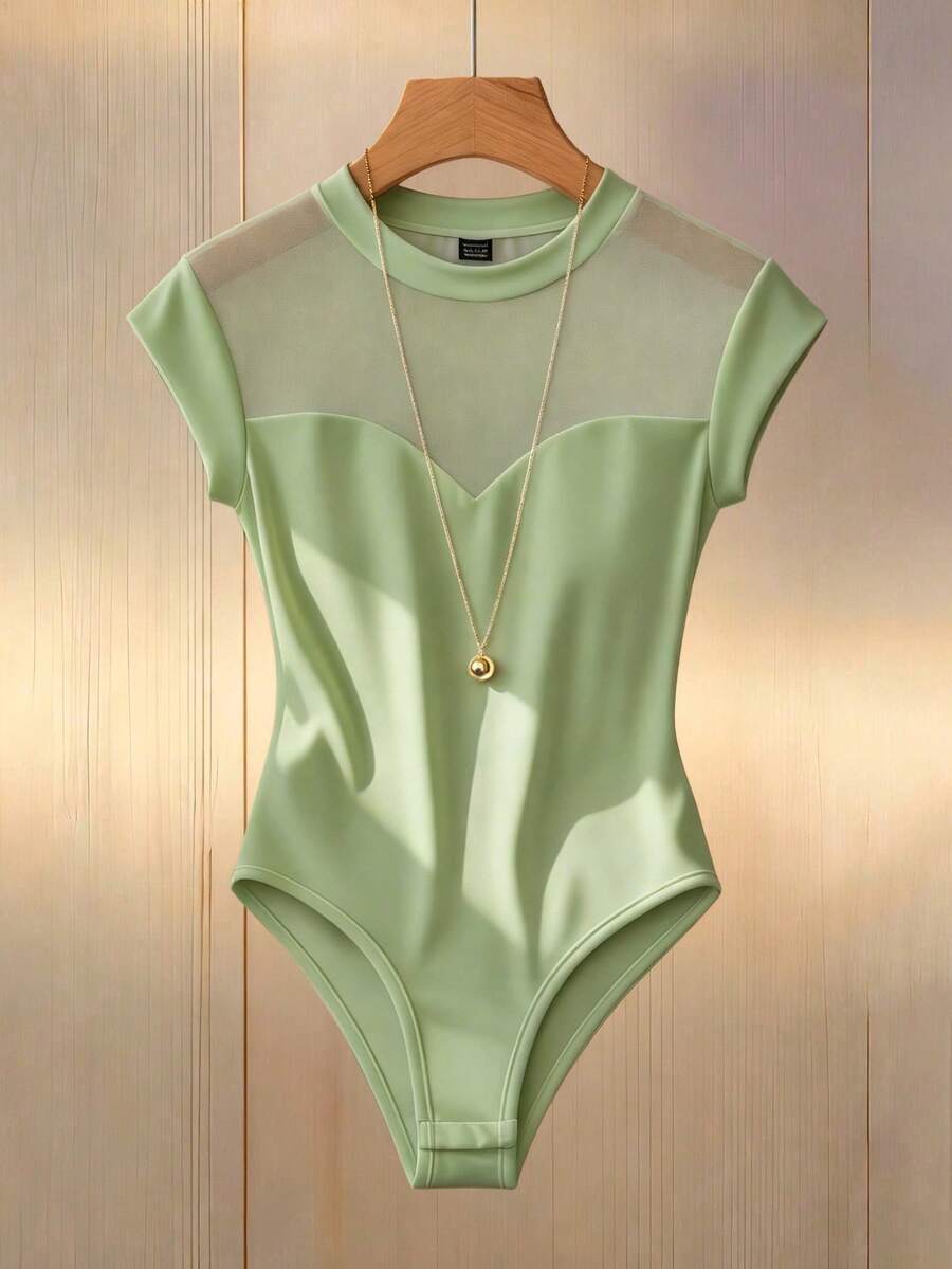 GlowEve CURVE Body de malla transparente con cuello alto y manga corta ajustada para mujer, talla grande - Verde - Ver 1
