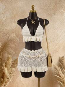 SaltGleam SaltGleam Nuevo Conjunto de Suéter y Falda de Punto Blanco de Moda Europea y Americana Casual Sexy para Resort y Golf de Verano - Crema - Ver 1