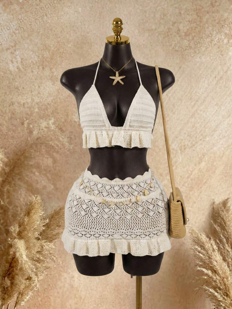 SaltGleam SaltGleam Nuevo Conjunto de Suéter y Falda de Punto Blanco de Moda Europea y Americana Casual Sexy para Resort y Golf de Verano - Crema - Ver 1