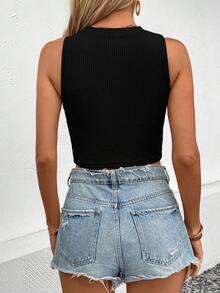 SHEIN Holidaya Women's Ribbed Front Knot Pleated Cropped Tank Top, Fashionable And Versatile - Black - View 2