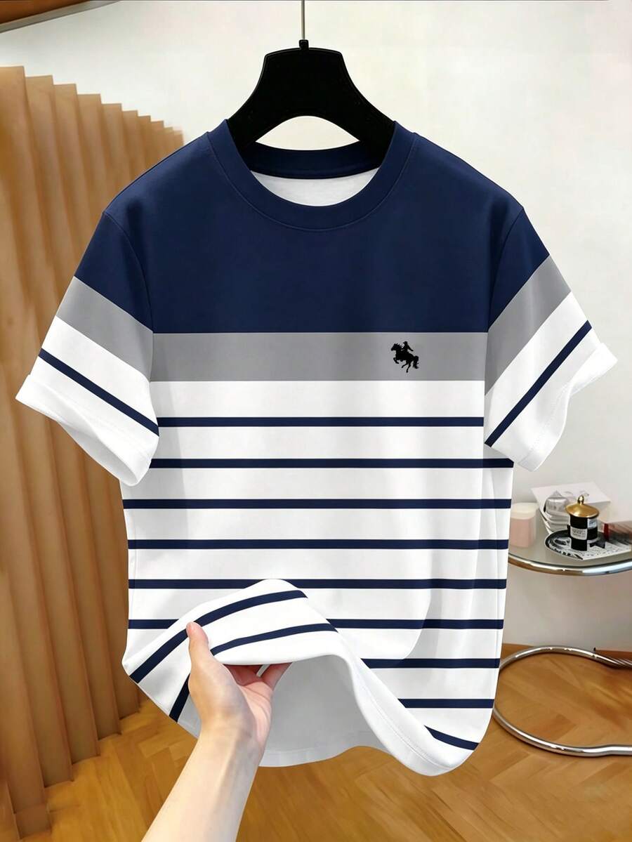 Manfinity Hypemode Men's Retro American Style Striped Navy Contrast Patchwork Embroidery Casual Loose Crew Neck T-Shirt - Multicolor - View 1