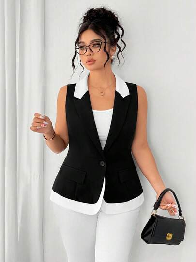 Elenzga Áo blazer nữ cỡ lớn phối màu thanh lịch, thích hợp cho công sở.