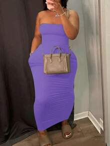 Slaydiva Slayr Plus Elegant Casual Solid Color Bodycon Pocketed Dress For Plus Size Women - Purple - View 1