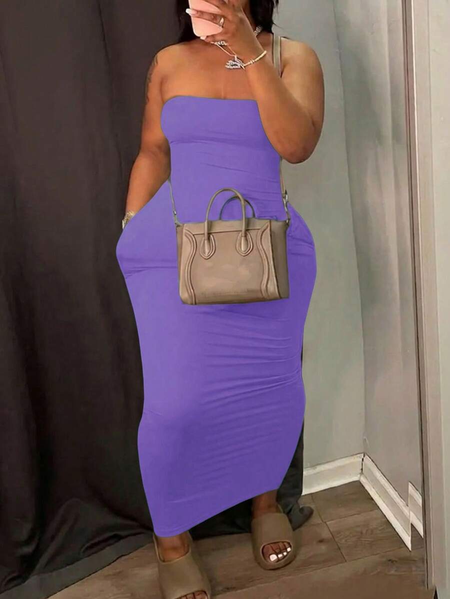 Slaydiva Slayr Plus Elegant Casual Solid Color Bodycon Pocketed Dress For Plus Size Women - Purple - View 1