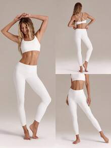 GLOWMODE Quần legging yoga FeatherFit™ cạp cao 24 inch, không xuyên thấu, thiết kế chữ Y nâng mông, có túi ẩn phía trước, tích hợp quần lọt khe, thích hợp mặc hàng ngày khi tập Pilates hoặc các buổi tập khác. - trắng - Xem 9