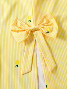 SHEIN 2件套少女休闲Polo领条纹拼接蝴蝶装饰长袖衬衫和条纹拼接短裤套装，春秋季 - 黃色 - 查看 6