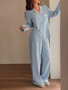 Napfluff Pink Striped Patchwork Lapel Long Sleeve Pajama Set - Sky Blue - View 4