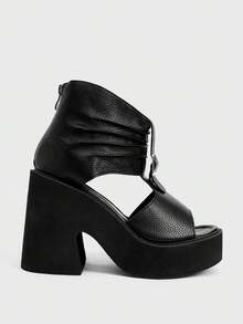 Sugerpunk Giày sandal cao gót đế xuồng gợi cảm thời trang dành cho nữ, kiểu dáng mùa hè thu, có khóa kéo phía sau, thích hợp cho lễ hội, tiệc tùng, kỳ nghỉ, hở mũi, đế dày, có túi xách. - màu đen - Xem 1