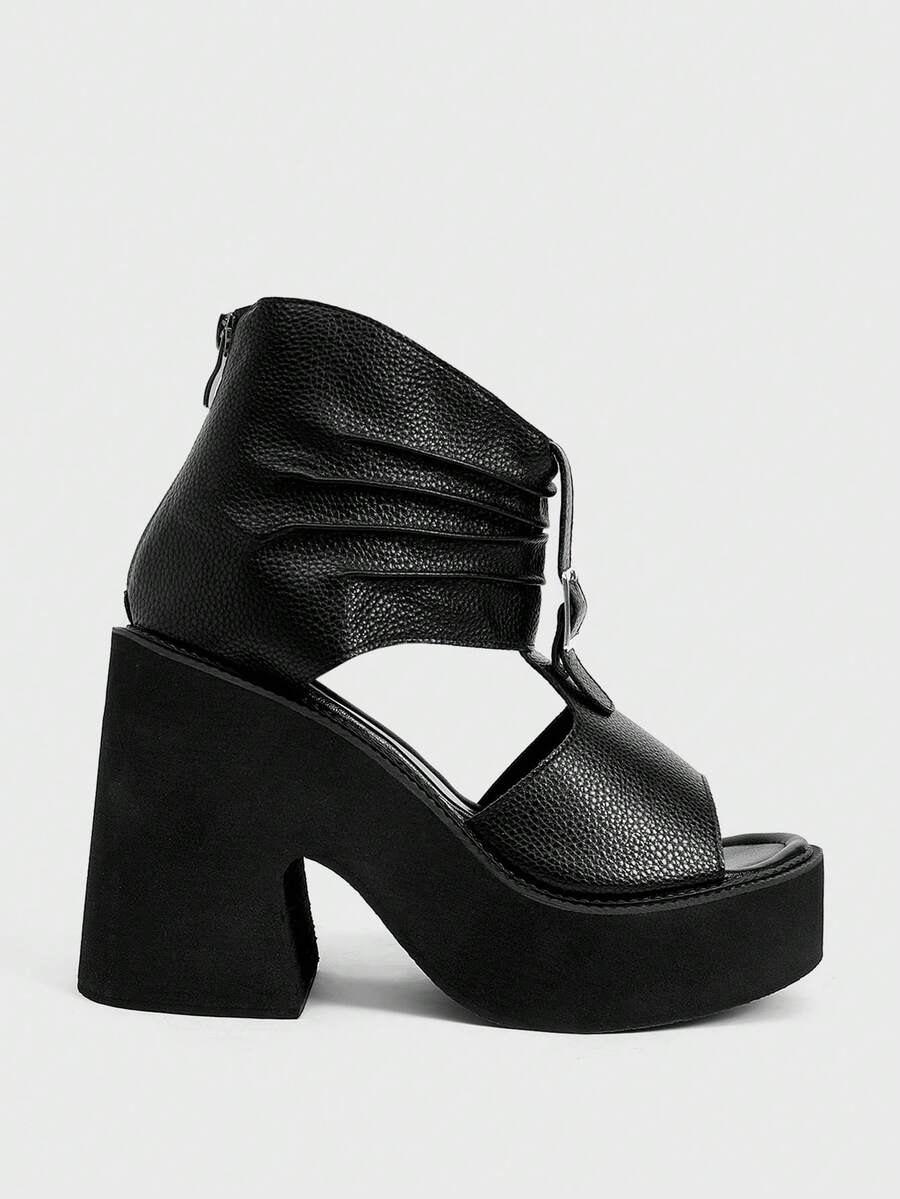 Sugerpunk Giày sandal cao gót đế xuồng gợi cảm thời trang dành cho nữ, kiểu dáng mùa hè thu, có khóa kéo phía sau, thích hợp cho lễ hội, tiệc tùng, kỳ nghỉ, hở mũi, đế dày, có túi xách. - màu đen - Xem 1
