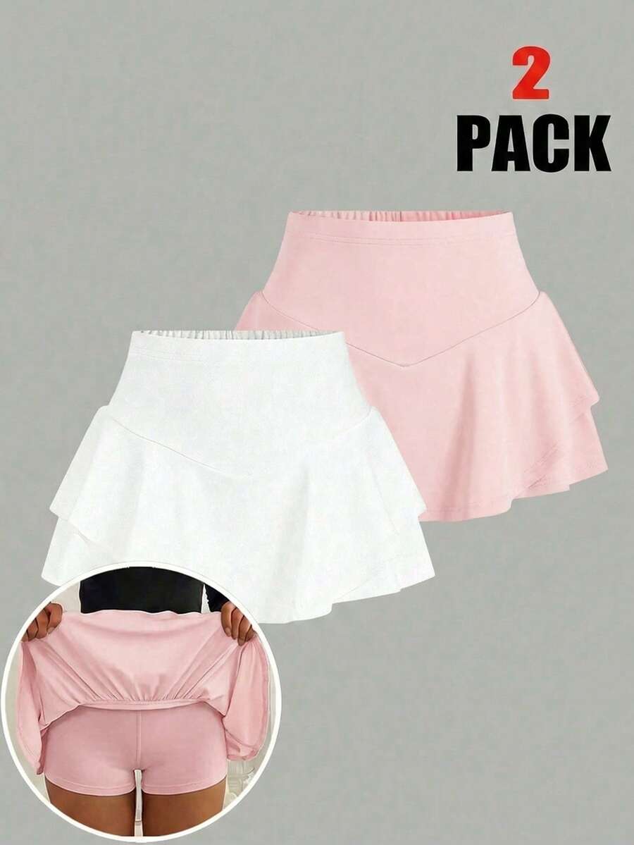 SHEIN Girlism Tween Girls 2 Packs Knitted Ruffle Layered Built-In Shorts Mini Skirt,Pink And White Striped,Summer,Cute Modest,Gym,Y2K Fashion Teen Ruffle Skort Set - Multicolor - View 1