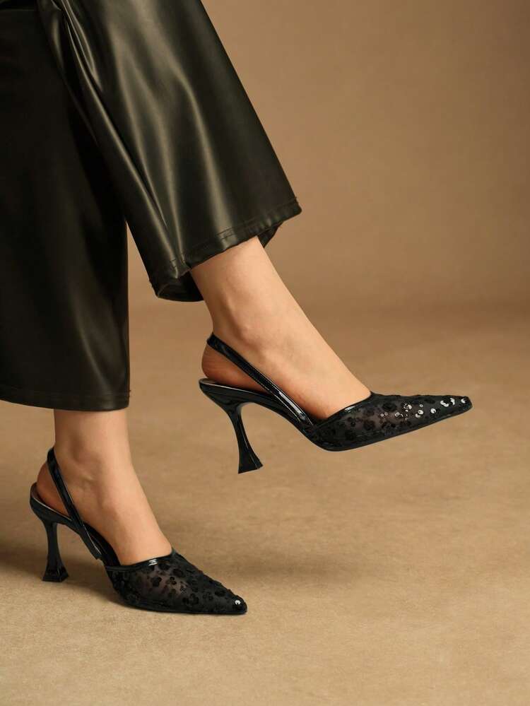 CUCCOO CHICEST Women's Shoes Fashion Pointed Sequins Back Strap Stiletto Sandals Women's Elegant Romantic Temperament Versatile High Heels