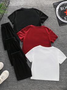SHEIN 3件套儿童夏季服装，男童舒适休闲圆领短袖T恤，条纹T恤上衣，装饰短裤2件套，高性价比多件套，适合户外玩耍、街头摄影、派对、居家休闲等场合。 - 彩色 - 查看 2