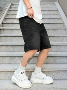 SHEIN Manfinity EMRG 加大码男士灰色牛仔休闲短裤，百搭5英寸内缝 - 黑色 - 查看 6
