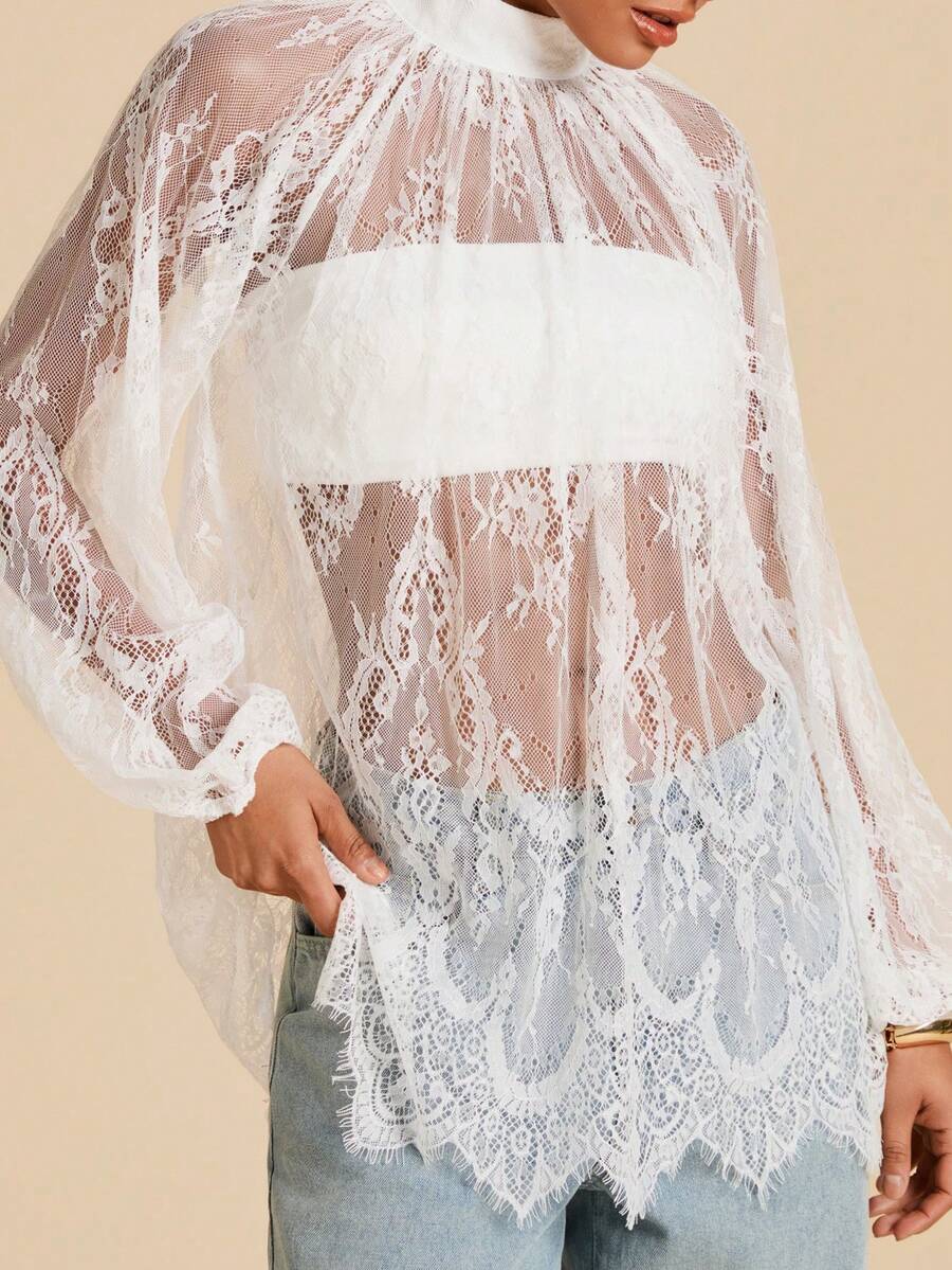 Travachic Áo blouse ren xuyên thấu lưới cho nữ - trắng - Xem 1