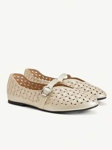 CUCCOO CHICEST Giày bệt nữ thêu rỗng, có khóa cài, thoải mái - Vàng - Xem 2