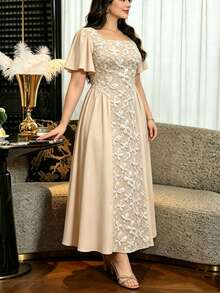 Modelyn Vestido elegante de mujer de talla grande con mangas de volantes y estampado jacquard, de estilo urbano y grácil, en color albaricoque - Albaricoque - Ver 4