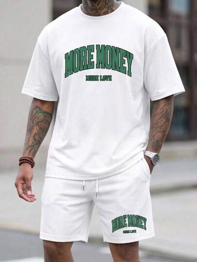 Sorvial Standard Size White Knit Men's Short Sleeve T-Shirt And Shorts 2 Pieces Set