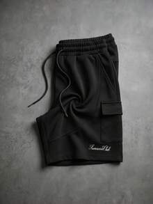 SUMWON Club Cargo Shorts With Drawstring Waist Embroidered Logo Script Detail Summer Casual Style - Black - View 3