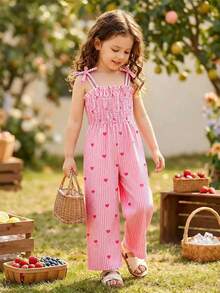 SHEIN Genkimix Kids 女童复古波西米亚风吊带连体裤，舒适面料，宽松阔腿设计，粉色条纹爱心印花，简约优雅飘逸，适合春季、夏季、派对、外出、度假穿着。 - 粉色 - 查看 9