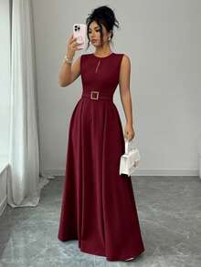 Elenzga Women's Elegant Romantic Sleeveless Flowing Casual Dress - Burgundy - View 5