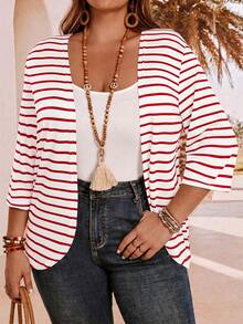 EMERY ROSE Plus Size Women Summer Vacation Striped 3/4 Sleeve Jacket, Autumn,Fall - Multicolor - View 6