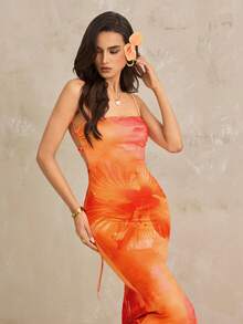 SHEIN Tall Đầm hở lưng in họa tiết Hawaii thanh lịch dành cho nữ, trang phục nghỉ hè, đầm đi biển, trang phục nghỉ dưỡng nhiệt đới phong cách Bohemian cho phái đẹp. - trái cam - Xem 6