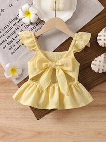SHEIN LMoss Kids Áo hai dây màu trắng thêu nơ dễ thương, đa năng cho bé gái, thích hợp cho kỳ nghỉ hè. - Nhiều màu - Xem 1