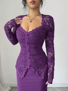 Modelyn Square Neck Lace Patchwork Button Waist Fitted Midi Dress For Women - Purple - View 6