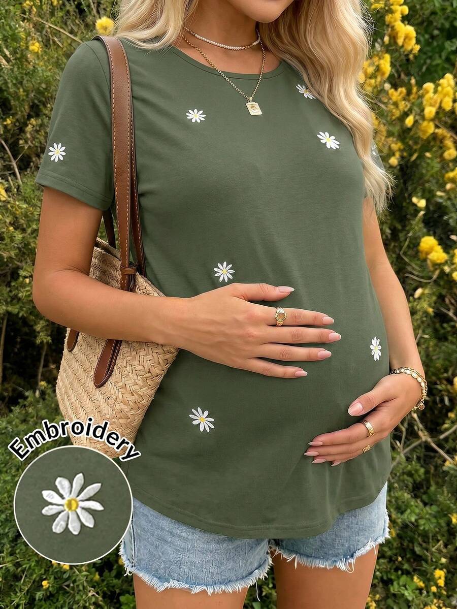 Lyckli Camiseta de maternidad de manga corta con cuello redondo y patrón bordado - Verde - Ver 1
