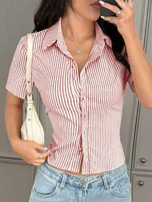 SHEIN Áo sơ mi nữ ChicEase kiểu Pháp dáng ôm, kẻ sọc vàng trắng, tay ngắn, thanh lịch, thích hợp mặc công sở. - Đỏ - Xem 3