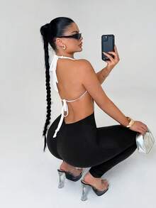 SHEIN SXY 性感深V领黑白撞色连体裤 - 黑與白 - 查看 2