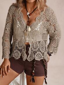 Freevana Plus Size Women Vacation Hollow Out Knitted Cardigan Fall - Khaki - View 6
