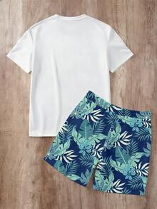 Manfinity Joysei Men's Casual Tropical Print T-Shirt Set, Suitable For Summer Outings, Vacations, And Gatherings - Green - View 2