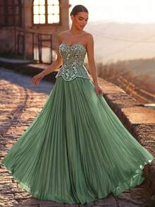 Glamrae Đầm chiffon cao cấp, sang trọng, thanh lịch, đính sequin, thiết kế cúp ngực, eo thấp, chân váy rộng, khăn choàng rời với tay áo dài loe rộng, thêu hạt cườm thủ công, dây buộc điều chỉnh, phù hợp cho mọi dịp trang trọng, đầm dạ hội trang trọng. - màu xanh lá - Xem 6