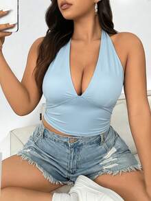 SHEIN EZwear Plus Size Women's Solid Color Deep V-Neck Fitted Sexy Fashion Halter Top - Baby Blue - View 4