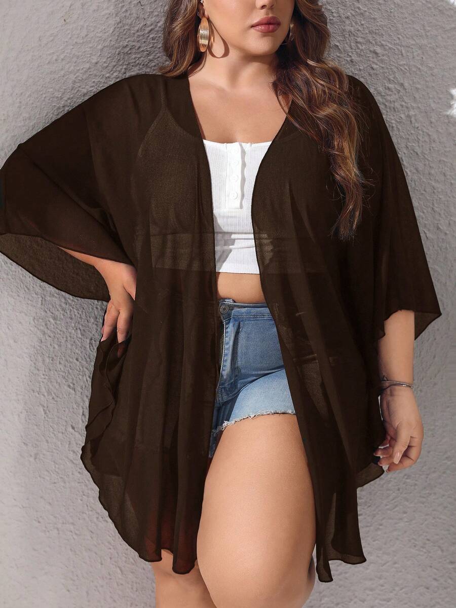 SHEIN CURVE+ 大码基础款纯色薄纱和服泳衣 - 棕色 - 查看 1