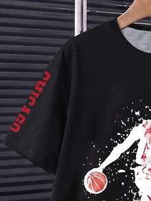 Boys' (Large) Pure Black Loose Fit Short Sleeve T-Shirt, Crisp Silhouette, Front Printed With Red And White Contrast Basketball Player Silhouette In Splatter Style Design, Dynamic Look; Back With Prominent Number 23 - Multicolor - View 10
