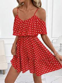 SHEIN Clasi Women's Elegant Brown Polka Dot Print Off-Shoulder Ruffle V-Neck Waist A-Line Short Dress - Red - View 4